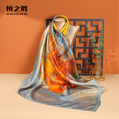 Mulberry Silk Scarf Silk Scarf Wholesale Oil Painting 90 Spring French Retro Large Square Scarf Women's Sun Protection